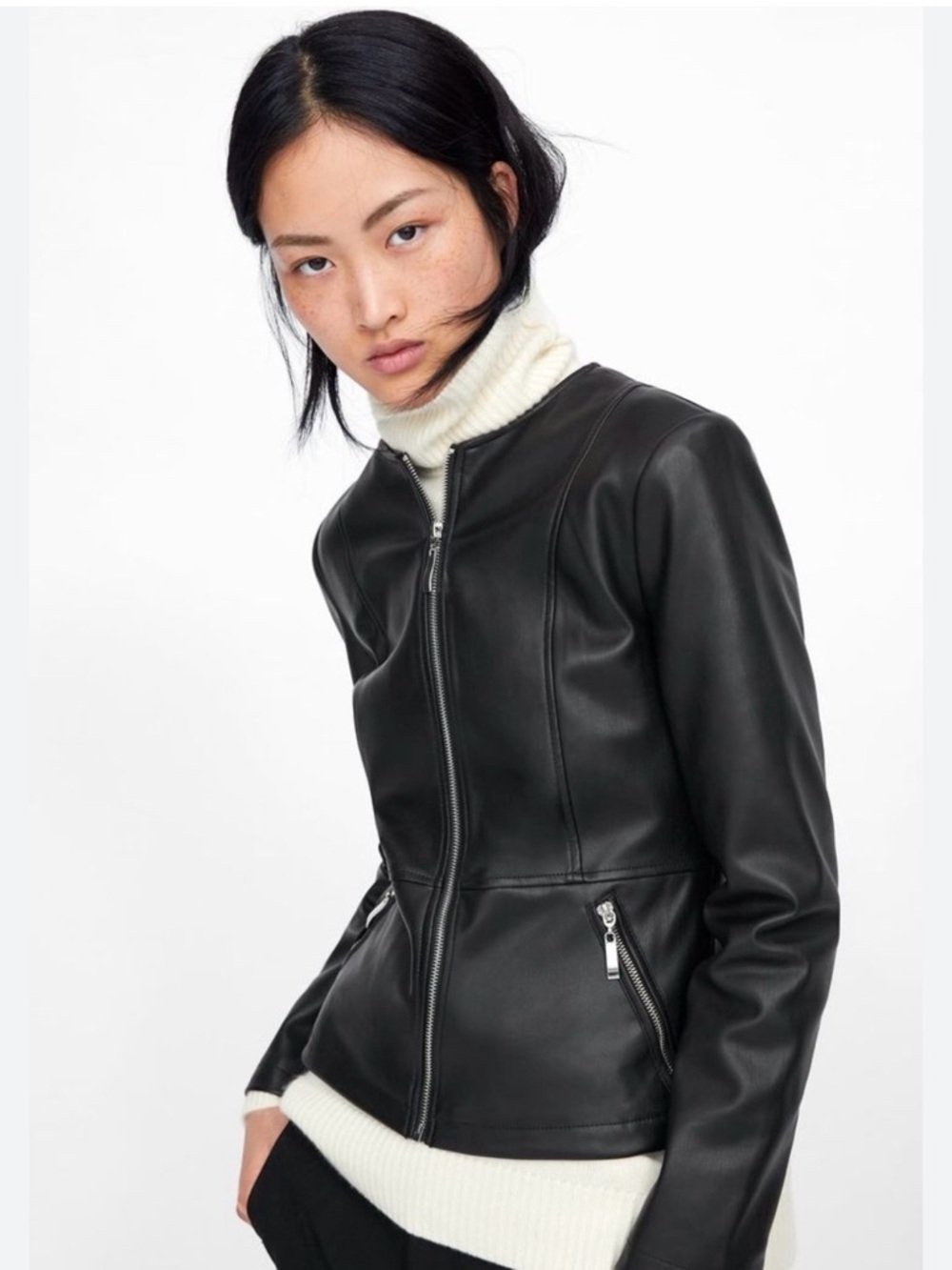NWT Zara Black Faux Leather Peplum Zip-Front Jacket Size Large fits like Medium